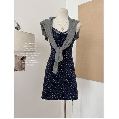 Set: + Strap Floral Open (Various Plain Spaghetti Lace Dress Trim Front A-Line V-Neck Print Designs) Cardigan