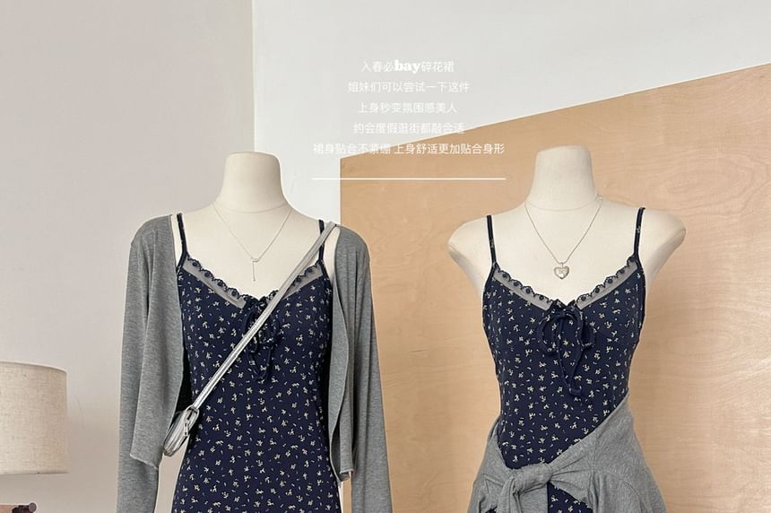 Set: + Strap Floral Open (Various Plain Spaghetti Lace Dress Trim Front A-Line V-Neck Print Designs) Cardigan