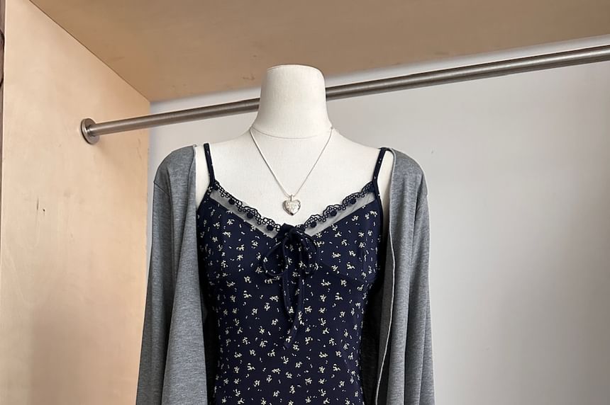 Set: + Strap Floral Open (Various Plain Spaghetti Lace Dress Trim Front A-Line V-Neck Print Designs) Cardigan