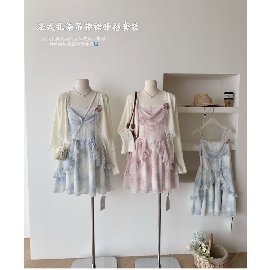 A-Line Strap Mini Set: Dress + Print Floral Plain Spaghetti Cardigan