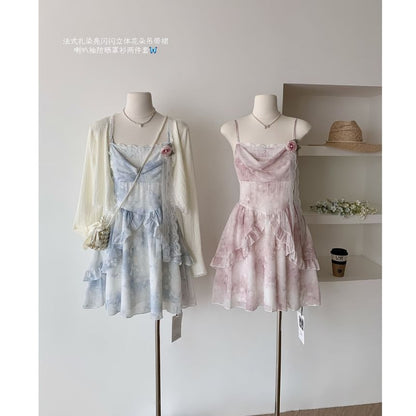 A-Line Strap Mini Set: Dress + Print Floral Plain Spaghetti Cardigan