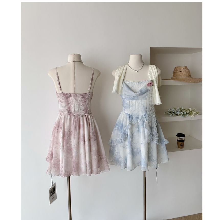 A-Line Strap Mini Set: Dress + Print Floral Plain Spaghetti Cardigan