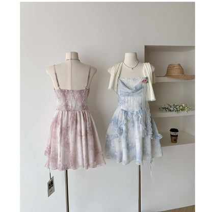 A-Line Strap Mini Set: Dress + Print Floral Plain Spaghetti Cardigan