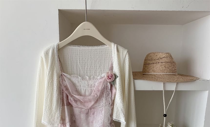 A-Line Strap Mini Set: Dress + Print Floral Plain Spaghetti Cardigan