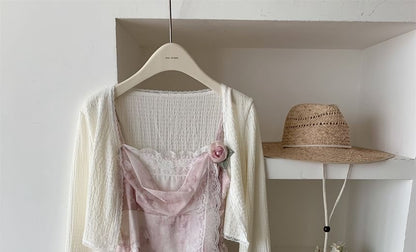 A-Line Strap Mini Set: Dress + Print Floral Plain Spaghetti Cardigan