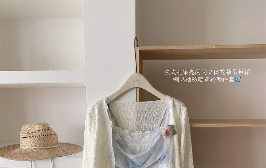 A-Line Strap Mini Set: Dress + Print Floral Plain Spaghetti Cardigan