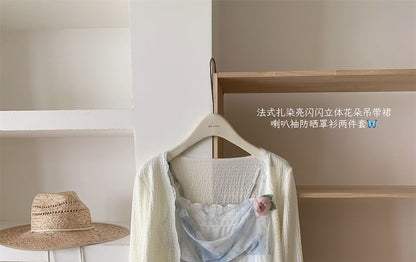 A-Line Strap Mini Set: Dress + Print Floral Plain Spaghetti Cardigan