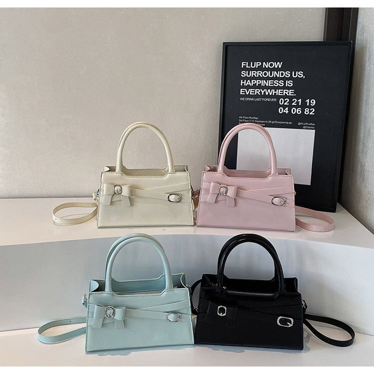 Bow Faux Leather Top Bag Handle Buckled Crossbody