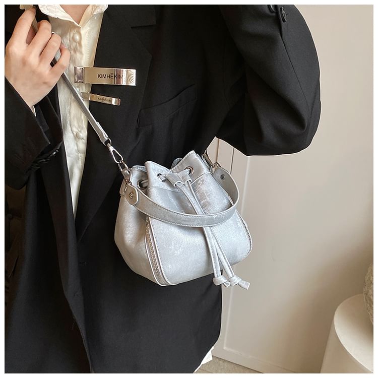Bag Leather Bucket Faux Drawstring