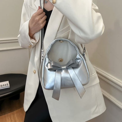 Plain Strap Bow Crossbody Faux Leather Accent Bag Chain