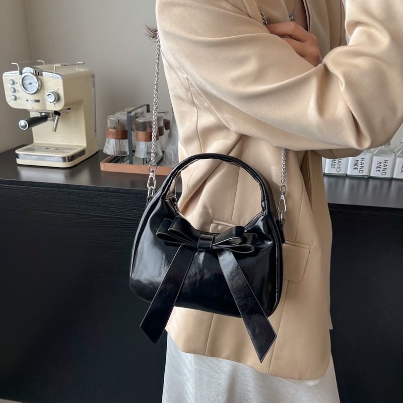 Plain Strap Bow Crossbody Faux Leather Accent Bag Chain