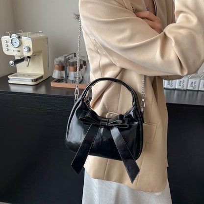 Plain Strap Bow Crossbody Faux Leather Accent Bag Chain