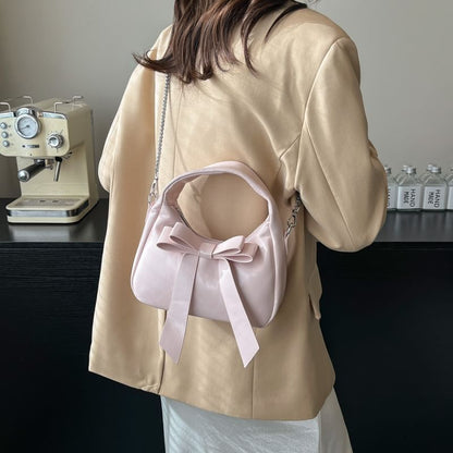 Plain Strap Bow Crossbody Faux Leather Accent Bag Chain