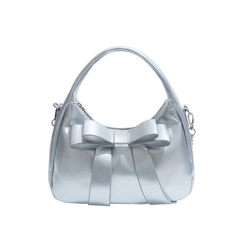 Plain Strap Bow Crossbody Faux Leather Accent Bag Chain