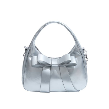 Plain Strap Bow Crossbody Faux Leather Accent Bag Chain