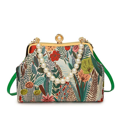 Bag Faux Crossbody Jacquard Floral Strap Pearl