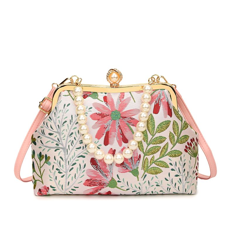 Bag Faux Crossbody Jacquard Floral Strap Pearl