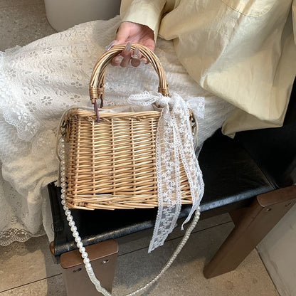 Faux + Bag Straw Crossbody Pearl Strap Scarf Set: Drawstring