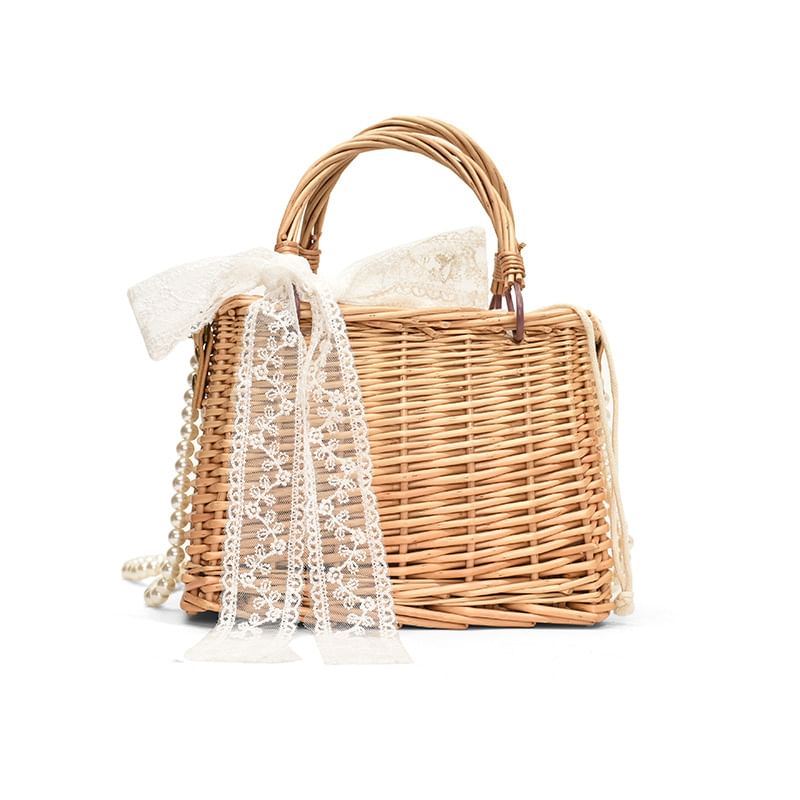 Faux + Bag Straw Crossbody Pearl Strap Scarf Set: Drawstring
