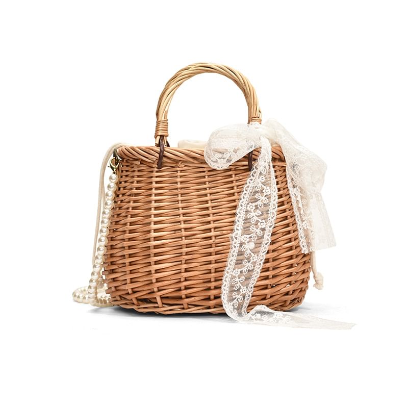Faux + Bag Straw Crossbody Pearl Strap Scarf Set: Drawstring