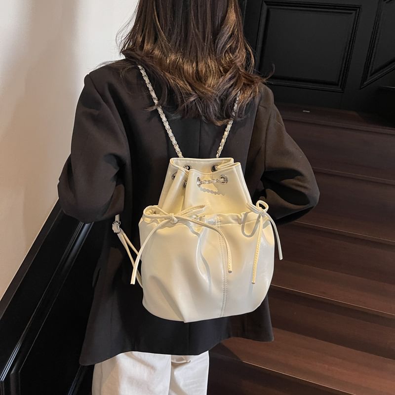 Faux Plain Leather Drawstring Backpack