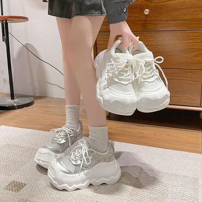 Mesh Leather Panel Lace-Up Faux Platform Sneakers