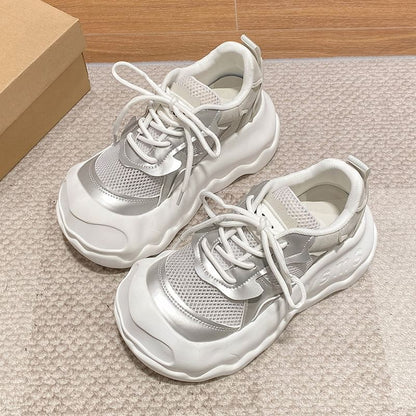 Mesh Leather Panel Lace-Up Faux Platform Sneakers