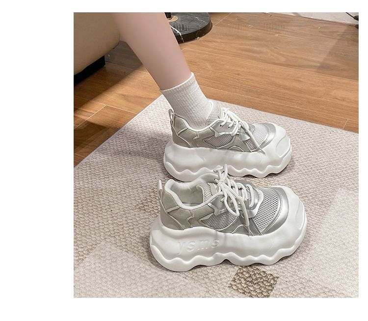 Mesh Leather Panel Lace-Up Faux Platform Sneakers