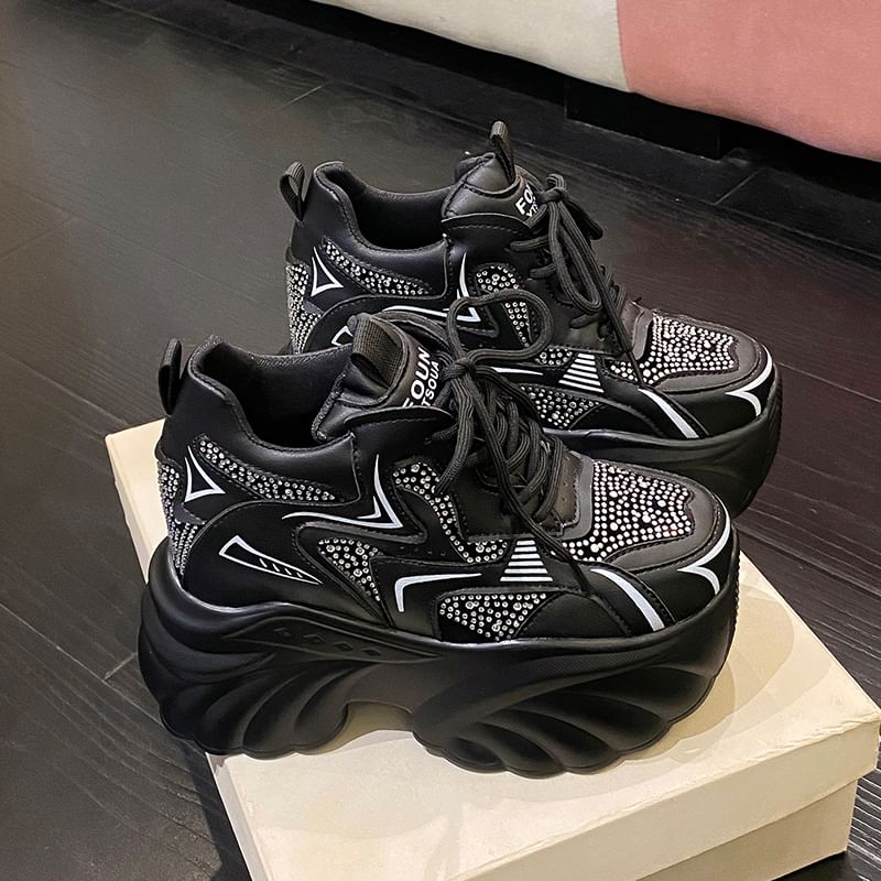 Lace-Up Rhinestone Sneakers Faux Leather Wedge Hidden