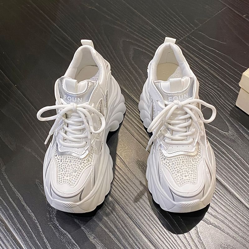 Lace-Up Rhinestone Sneakers Faux Leather Wedge Hidden