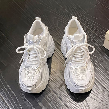 Lace-Up Rhinestone Sneakers Faux Leather Wedge Hidden