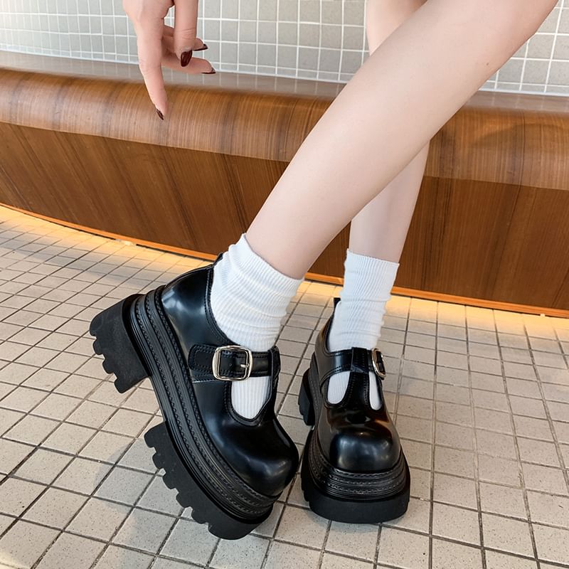 Plain Leather Shoes T-Strap Platform Faux Mary Jane