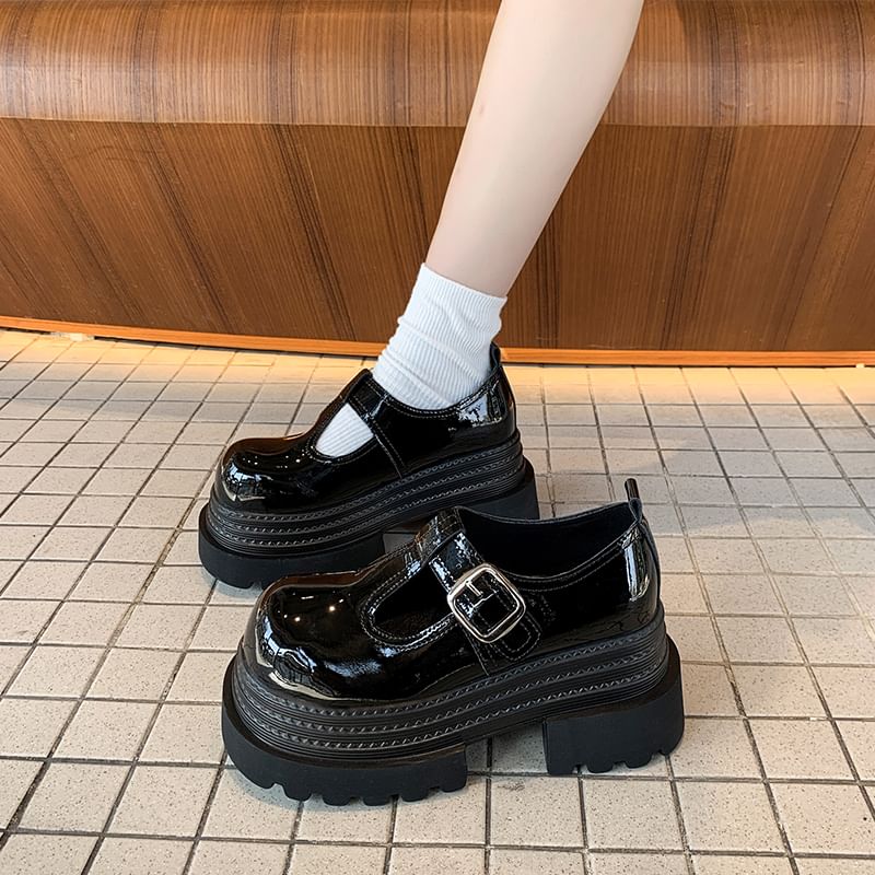 Plain Leather Shoes T-Strap Platform Faux Mary Jane