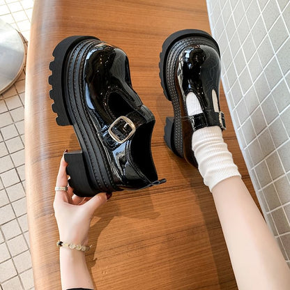 Plain Leather Shoes T-Strap Platform Faux Mary Jane