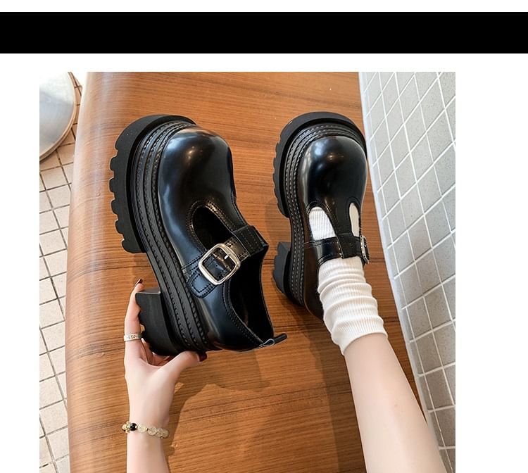 Plain Leather Shoes T-Strap Platform Faux Mary Jane