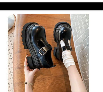 Plain Leather Shoes T-Strap Platform Faux Mary Jane