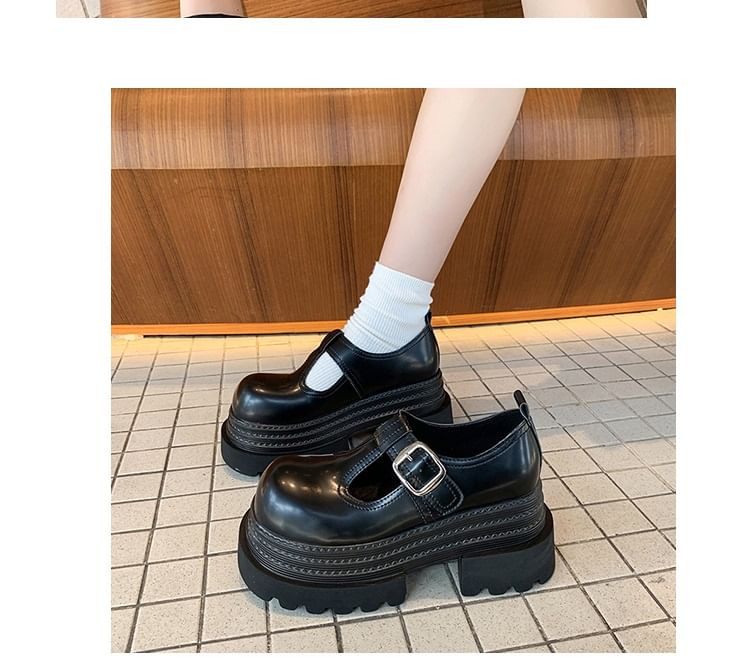 Plain Leather Shoes T-Strap Platform Faux Mary Jane