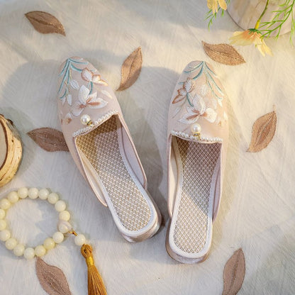Mules Floral Embroidered Faux Pearl