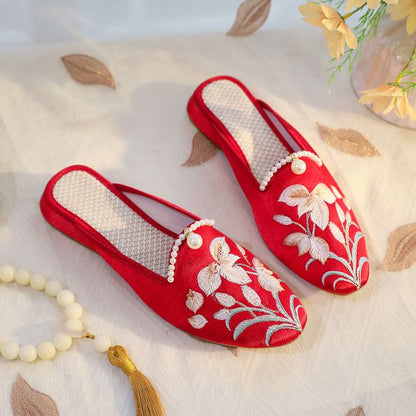 Mules Floral Embroidered Faux Pearl