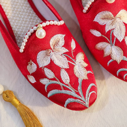 Mules Floral Embroidered Faux Pearl