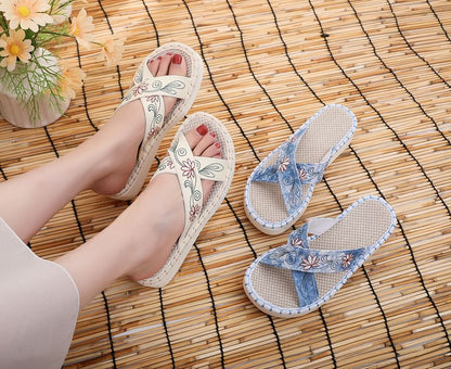 Embroidery Sandals Cross Strap Floral