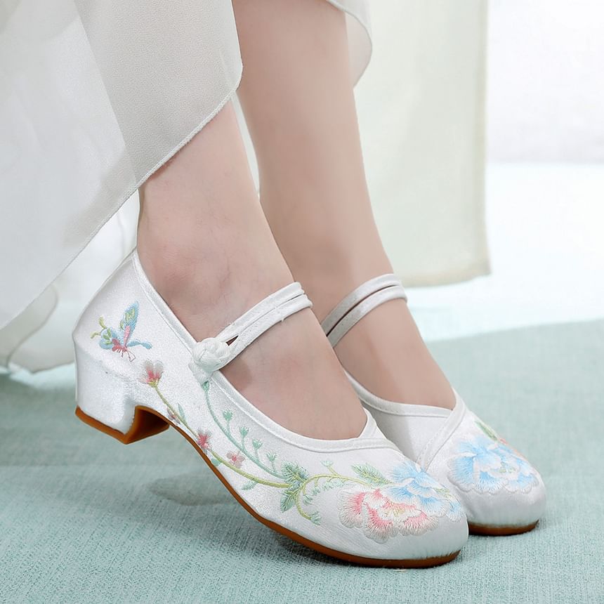 Heel Embroidery Pumps Floral Block