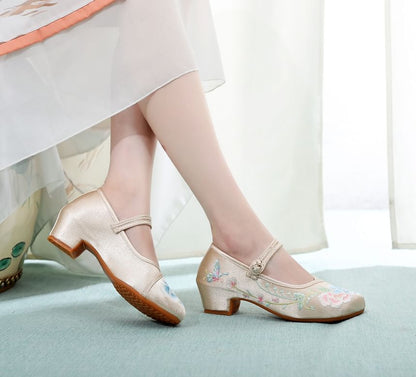 Heel Embroidery Pumps Floral Block