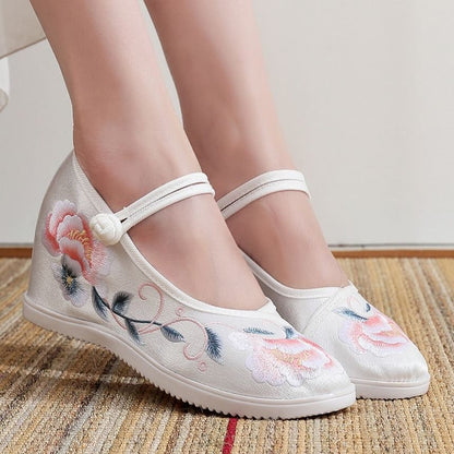 Shoes Heel Floral Embroidery Wedge