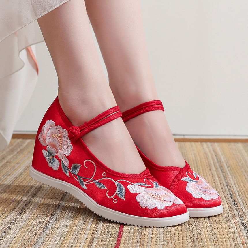 Shoes Heel Floral Embroidery Wedge