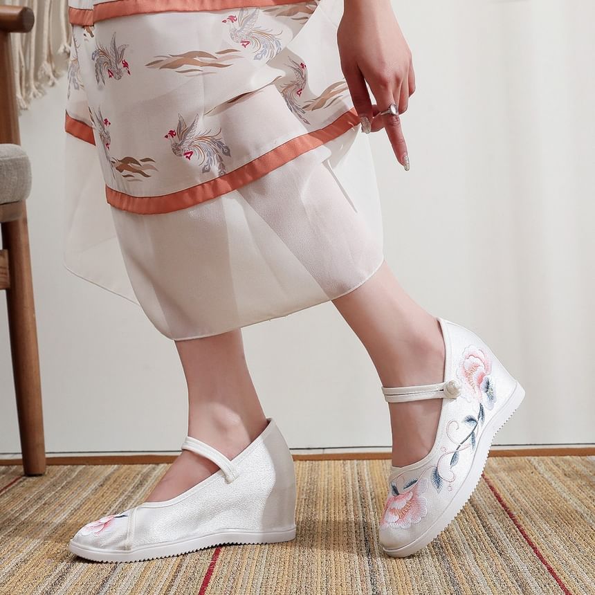 Shoes Heel Floral Embroidery Wedge