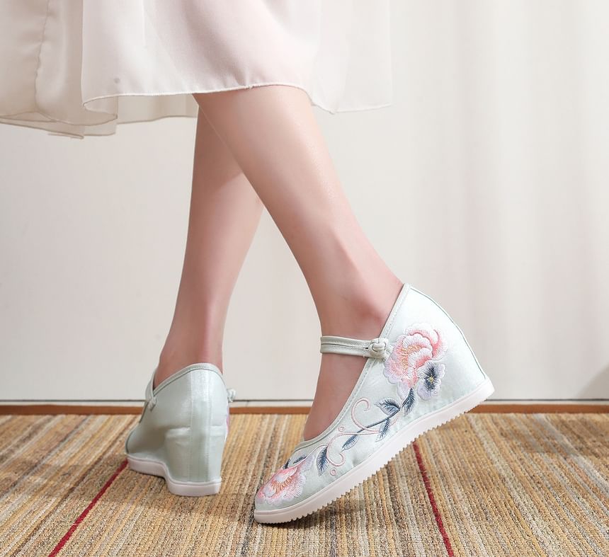 Shoes Heel Floral Embroidery Wedge