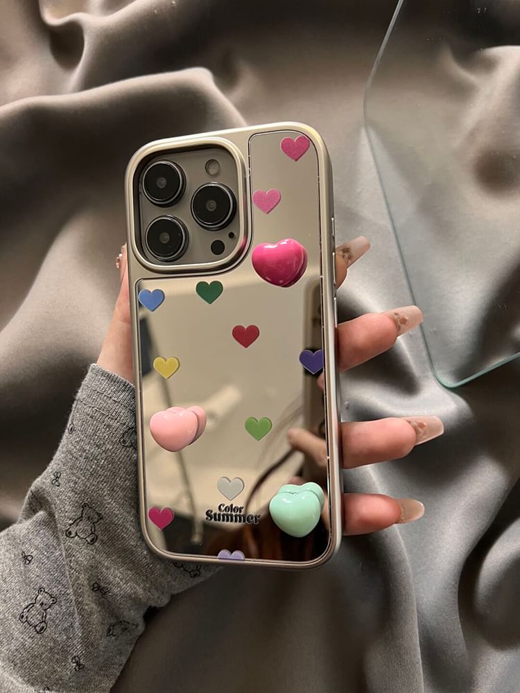 Heart Mirrored Phone Case with Adhesive Decoration