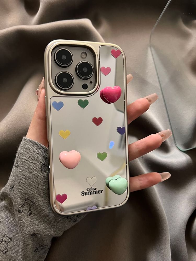 Heart Mirrored Phone Case with Adhesive Decoration
