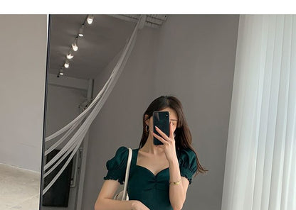 Puff Sleeve Plain Neck Dress Midi Slit Sweetheart A-Line